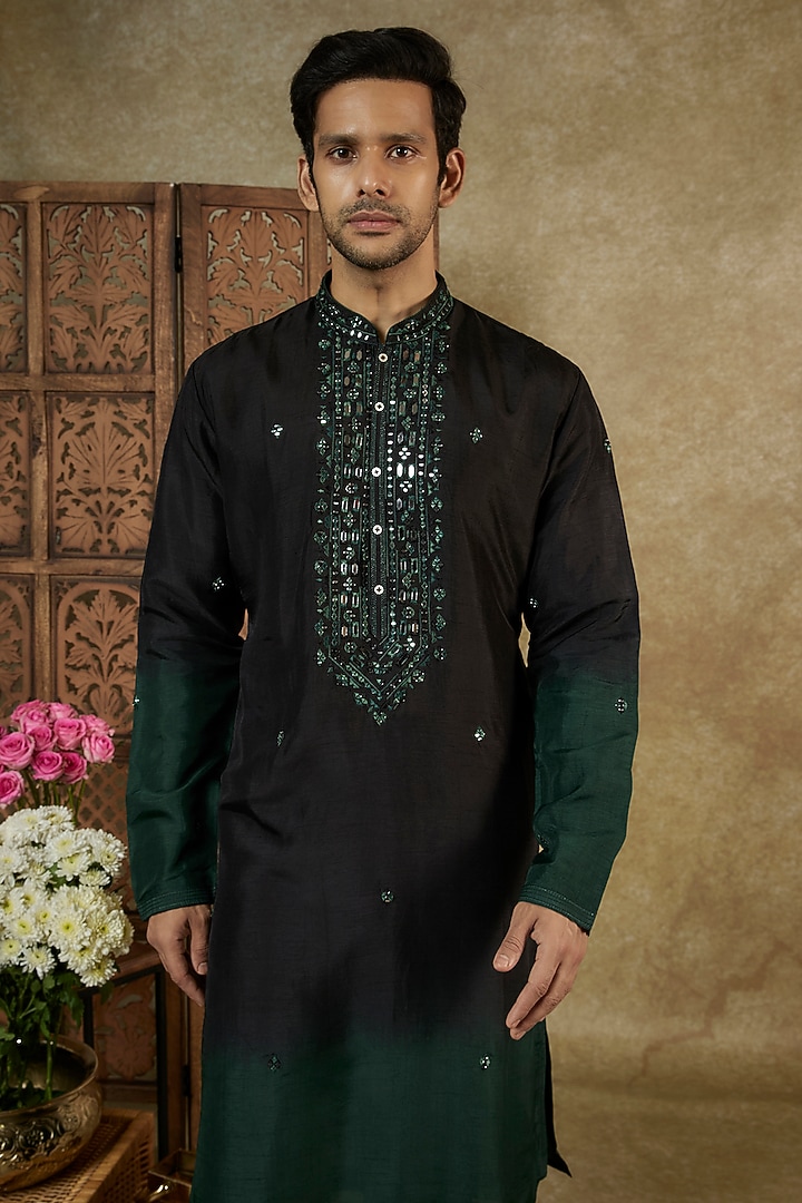Black & Green Ombre Silk Resham Embroidered Kurta Set by RIYAASAT at Pernia's Pop Up Shop