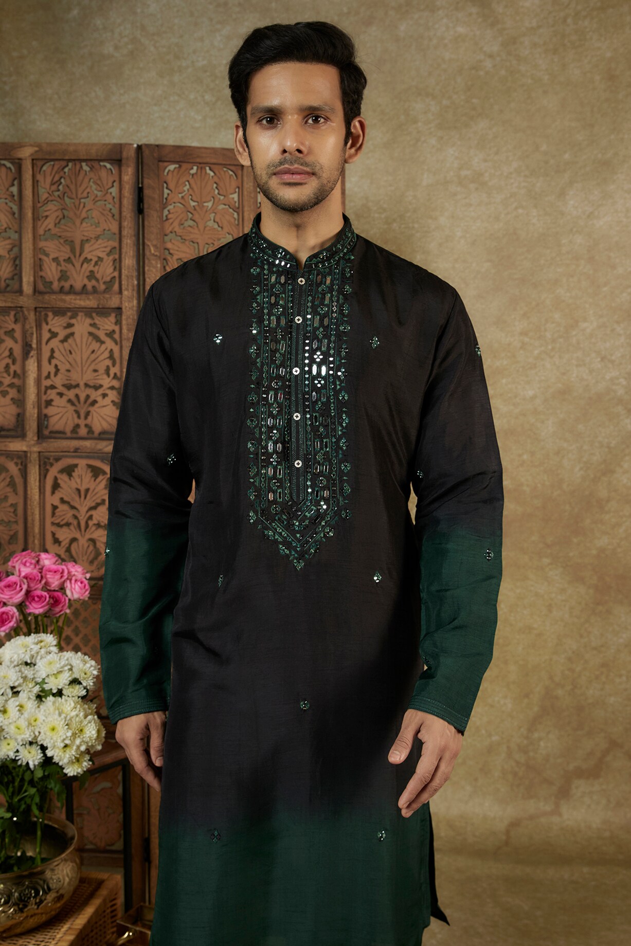 Black Silk Resham Embroidered Kurta Jacket Set main image 1