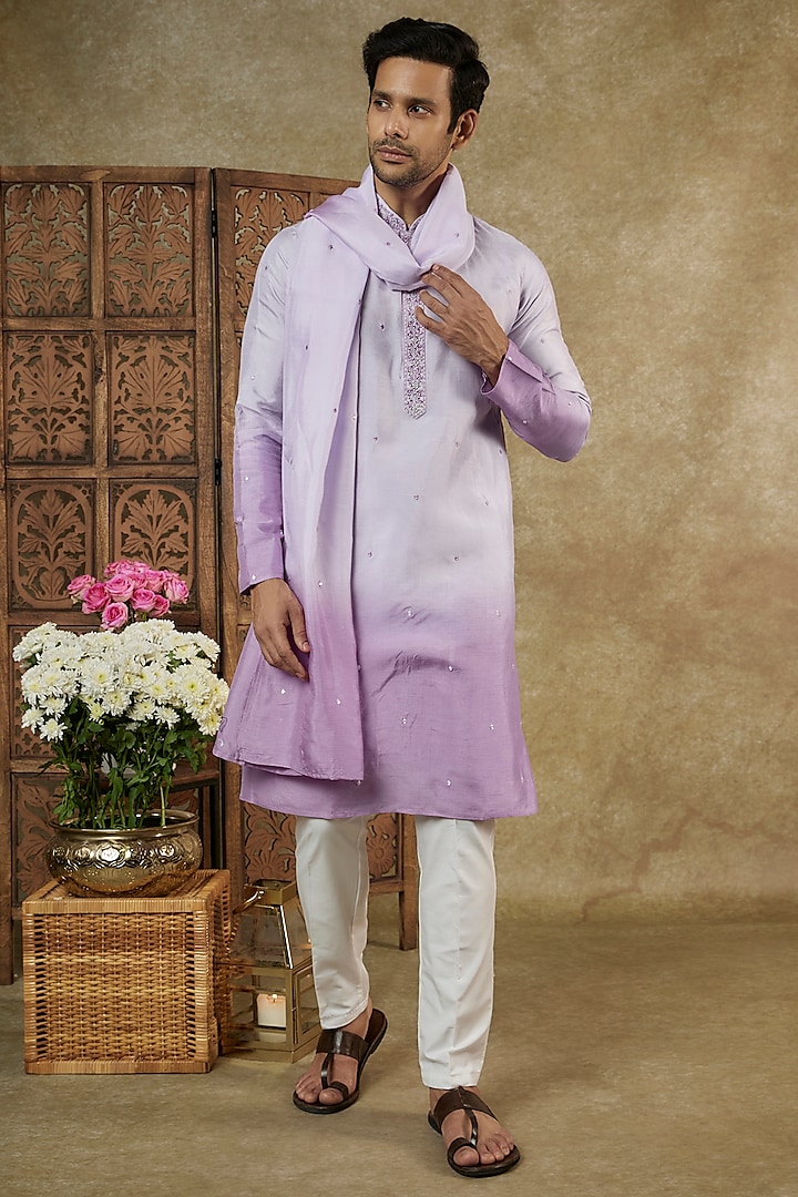 White & Lilac Silk Resham Embroidered Kurta Set by RIYAASAT