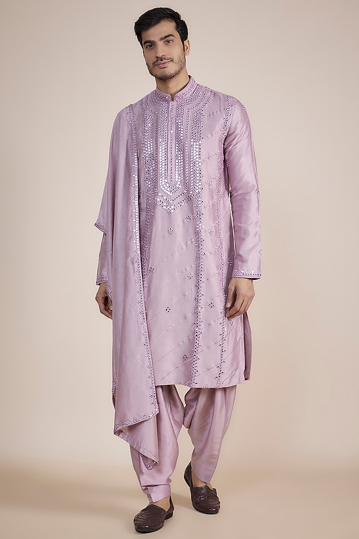 Lilac Art Silk Mirror Work Kurta Set by RIYAASAT