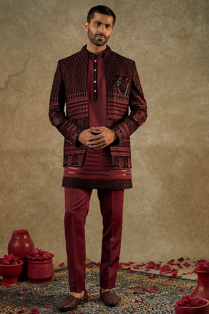 Garnet Red Satin Silk Embroidered Indowestern Set by RIYAASAT