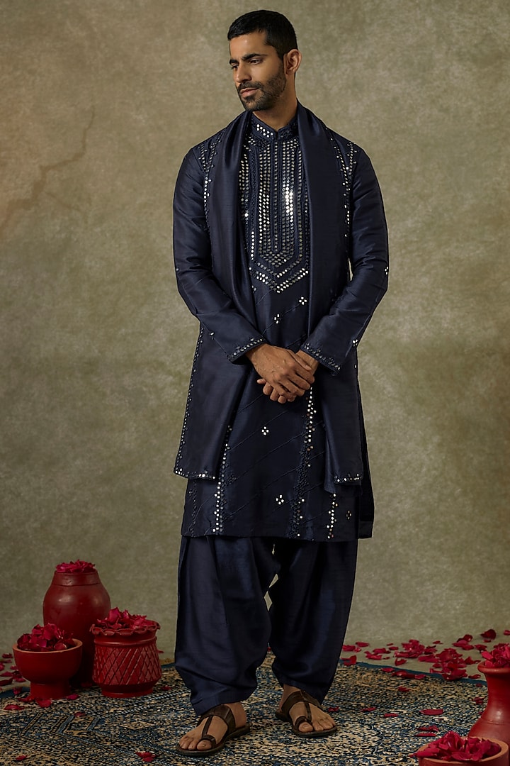 Midnight Blue Art Silk Mirror Work Kurta Set by RIYAASAT at Pernia's Pop Up Shop