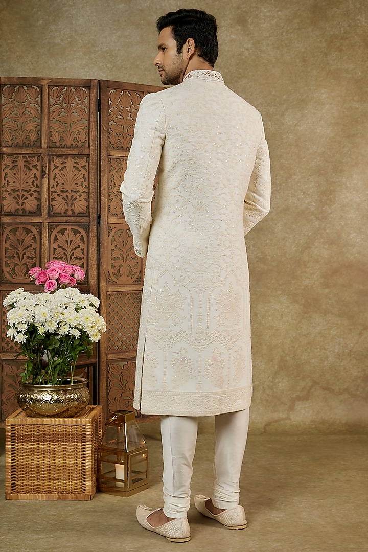Nude Cream Lucknowi Sequins Work Wedding Sherwani Set by RIYAASAT at Pernia's Pop Up Shop