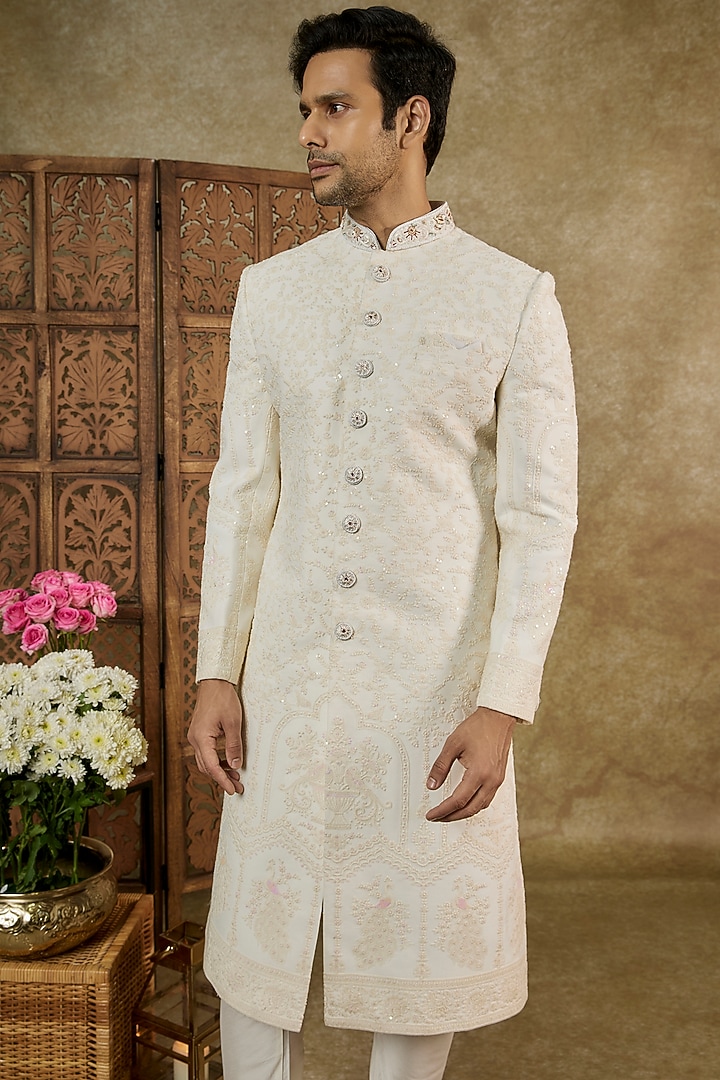 Nude Cream Lucknowi Sequins Work Wedding Sherwani Set by RIYAASAT at Pernia's Pop Up Shop