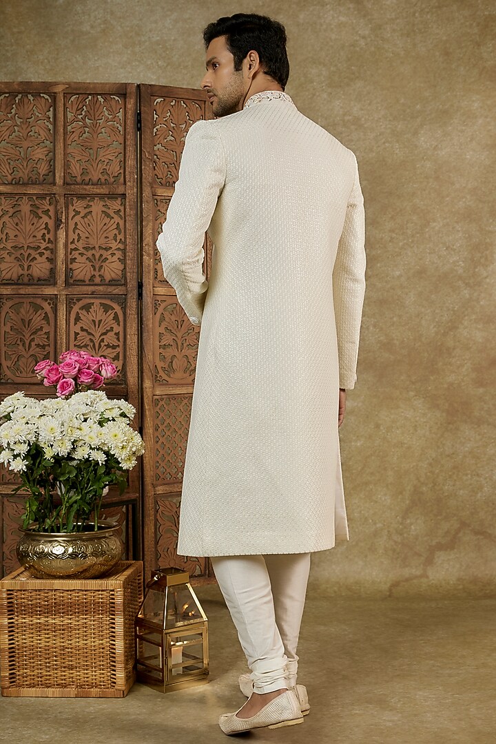 Ivory Lucknowi Velvet Wedding Sherwani Set by RIYAASAT at Pernia's Pop Up Shop