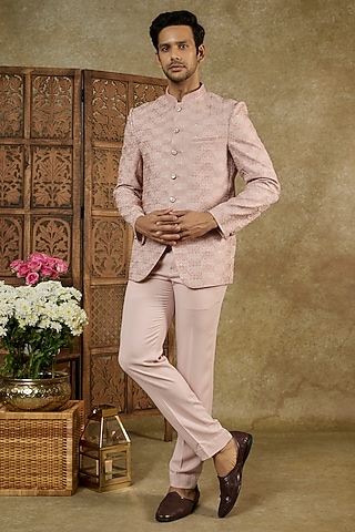Rose Peach Imported Jacquard Jodhpuri Set by RIYAASAT