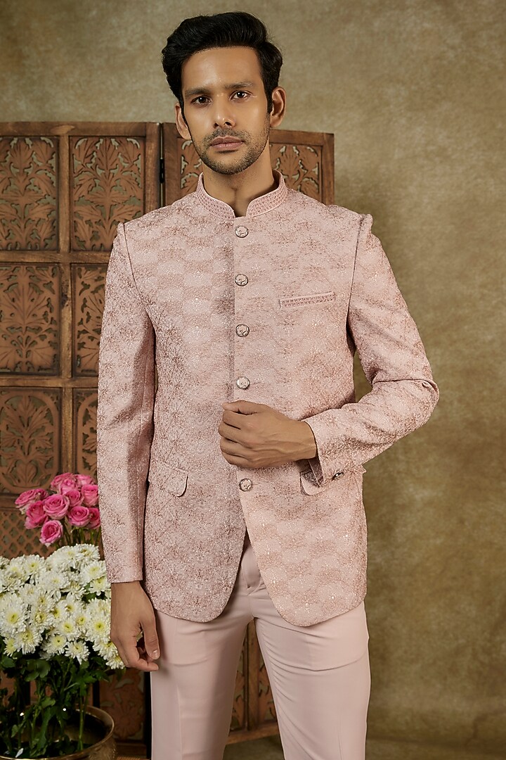Rose Peach Imported Jacquard Jodhpuri Set by RIYAASAT at Pernia's Pop Up Shop