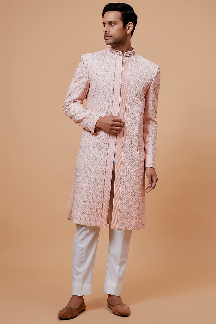 Peach Lucknowi Embroidered Sherwani Set by RIYAASAT
