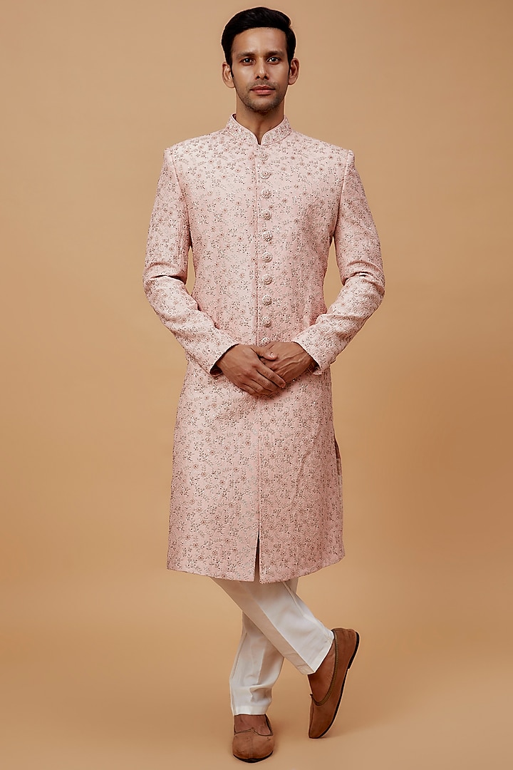 Pink Lucknowi Embroidered Sherwani Set by RIYAASAT