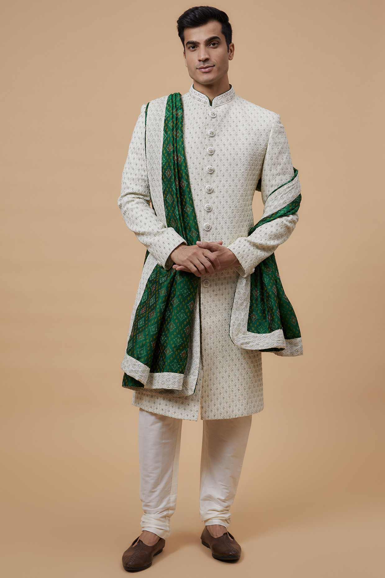 Grey Lucknowi Embroidered Sherwani Set by RIYAASAT