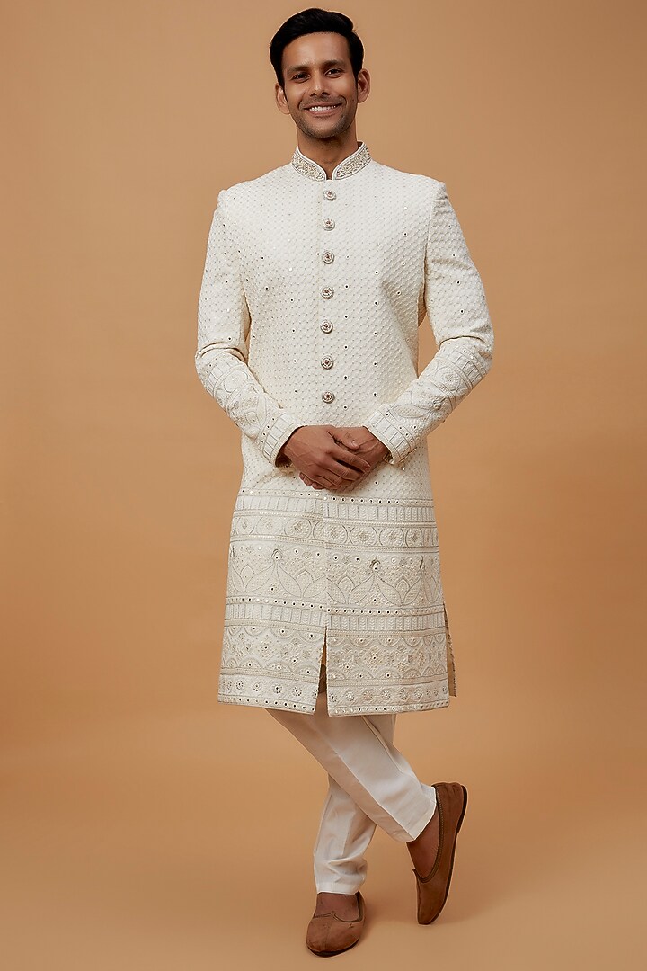 Off-White Lucknowi Embroidered Wedding Sherwani Set by RIYAASAT at Pernia's Pop Up Shop