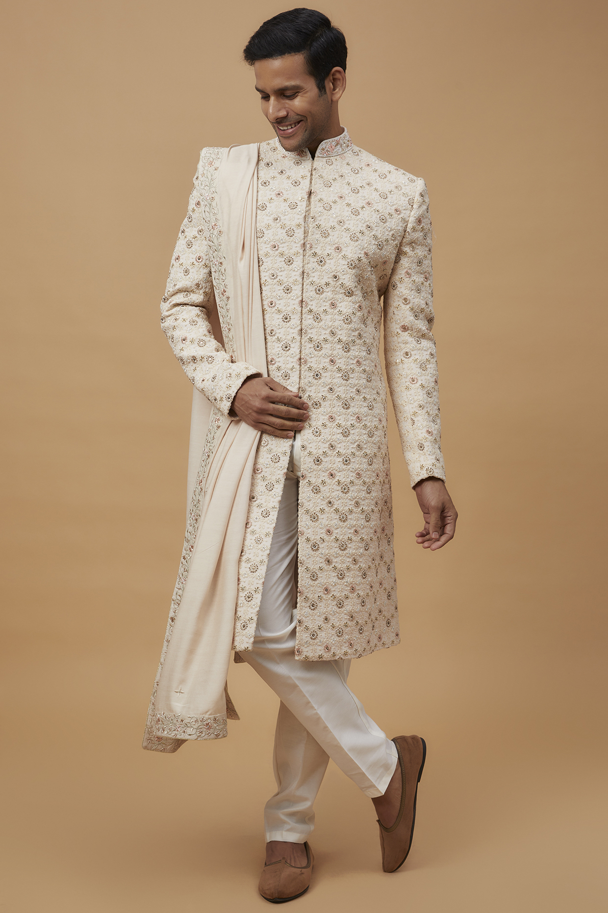 Peach Lucknowi Embroidered Sherwani Set by RIYAASAT