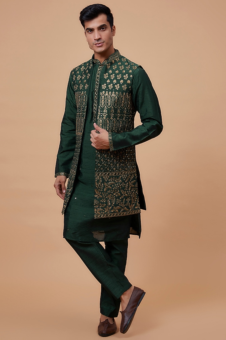Green Silk Embroidered Indo-Western Set by RIYAASAT at Pernia's Pop Up Shop