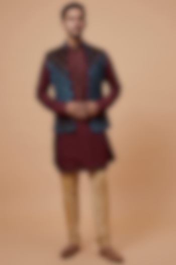 Teal Velvet Lucknowi Work Open Bundi Jacket Set by RIYAASAT at Pernia's Pop Up Shop