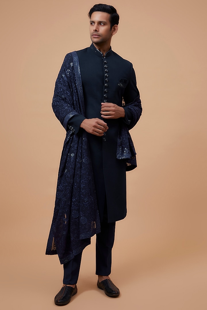 Blue Imported Suiting Silk Thread Embroidered Sherwani Set by RIYAASAT