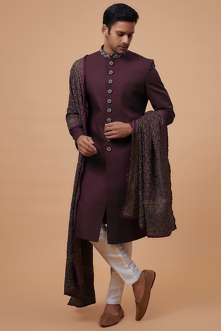 Wine Suiting Fabric Embroidered Indowestern Set by RIYAASAT at Pernia's Pop Up Shop