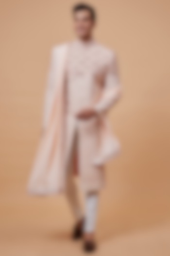 Peach Lucknowi Embroidered Sherwani Set by RIYAASAT