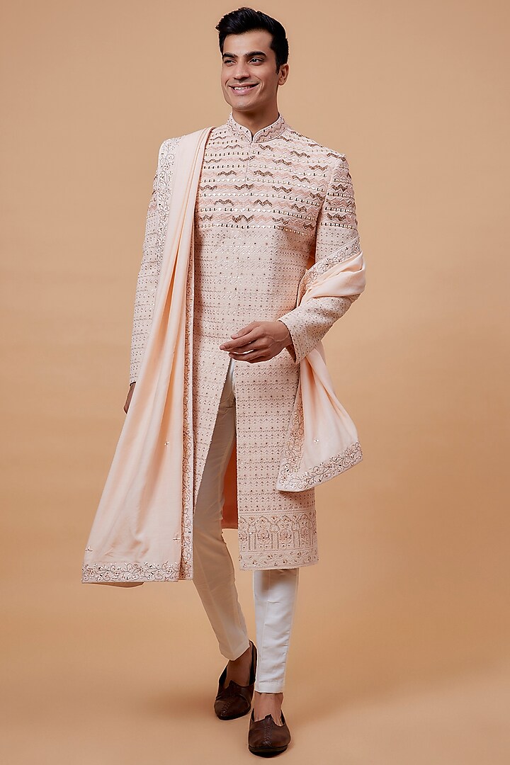 Peach Lucknowi Embroidered Sherwani Set by RIYAASAT