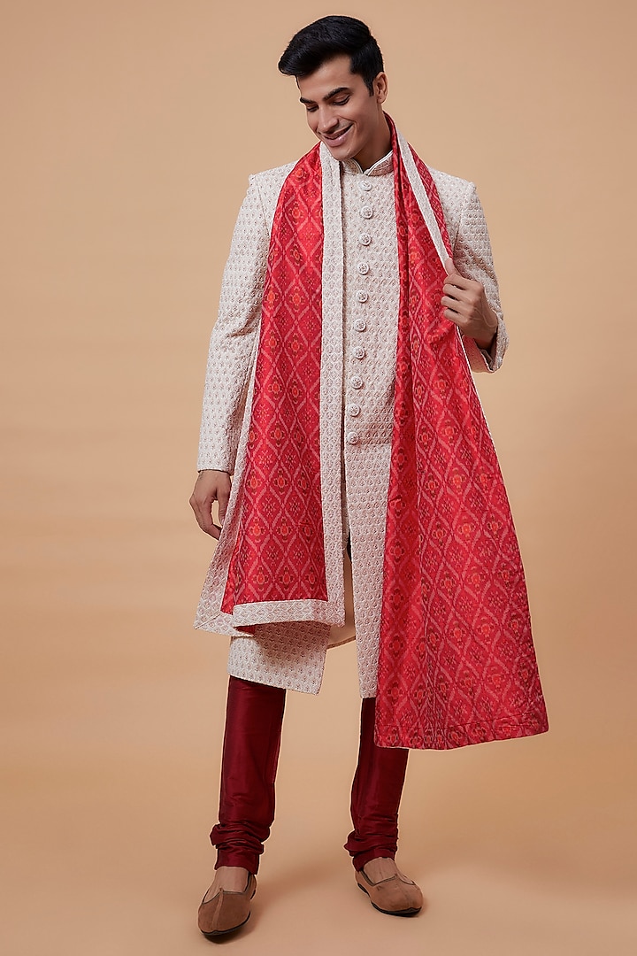 Peach Lucknowi Embroidered Groom Sherwani Set by RIYAASAT at Pernia's Pop Up Shop