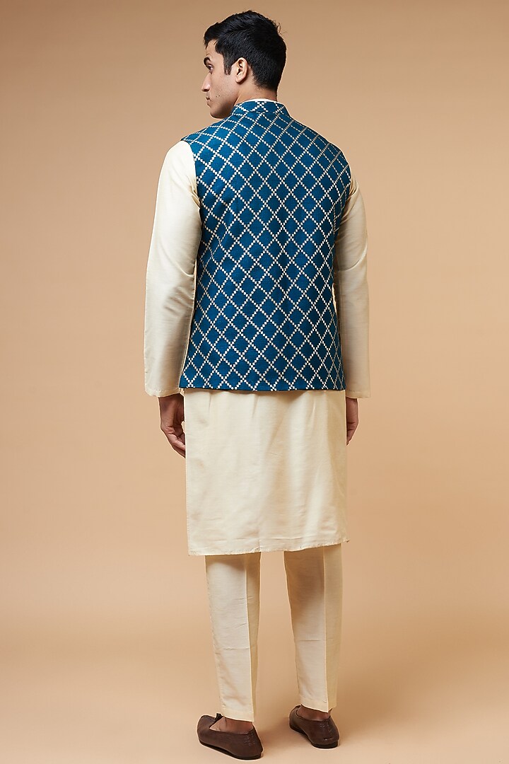 Teal Blue Silk Printed & Embroidered Bundi Set by RIYAASAT at Pernia's Pop Up Shop