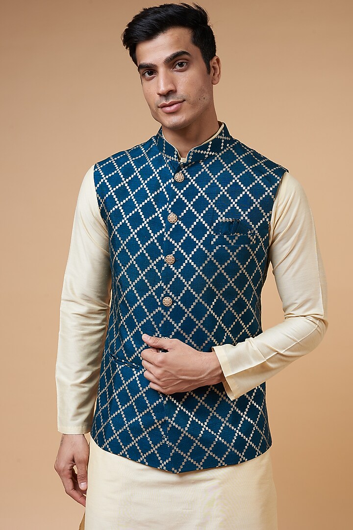 Teal Blue Silk Printed & Embroidered Bundi Set by RIYAASAT at Pernia's Pop Up Shop