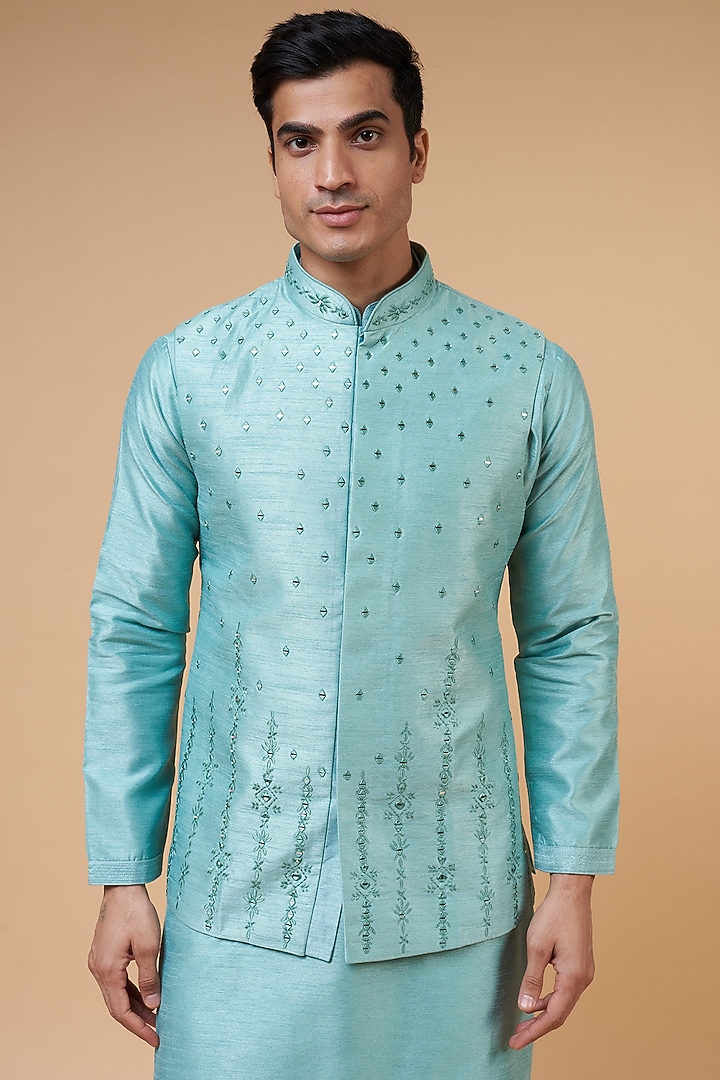 Mint Blue Silk Thread Embroidered Bundi Set by RIYAASAT at Pernia's Pop Up Shop