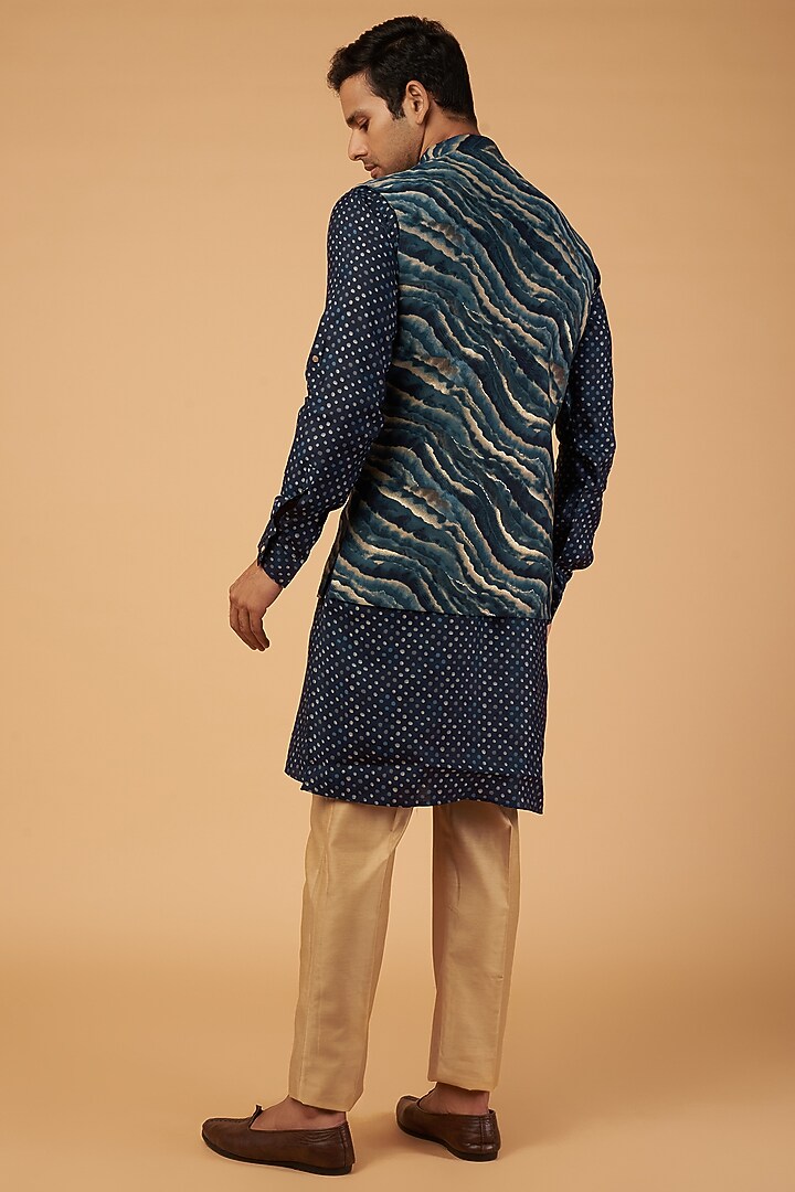 Blue Silk Printed Bundi Set by RIYAASAT at Pernia's Pop Up Shop