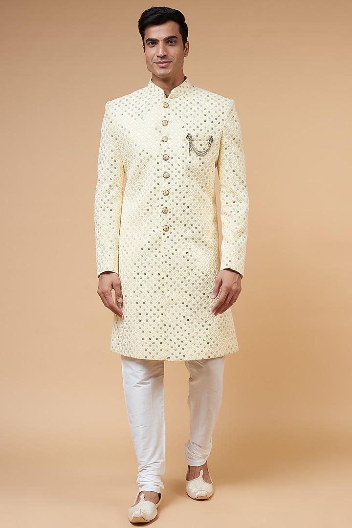 Lemon Yellow Chikankari Embroidered Indo-Western Set by RIYAASAT at Pernia's Pop Up Shop