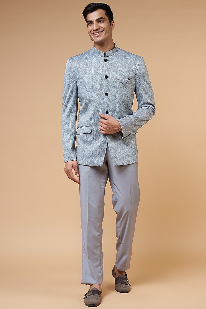 Grey Cotton Silk Blend Bandhgala Set by RIYAASAT at Pernia's Pop Up Shop