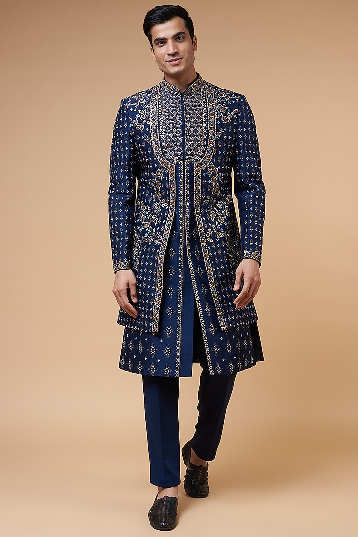 Blue Silk Embroidery Indo-Western Set by RIYAASAT