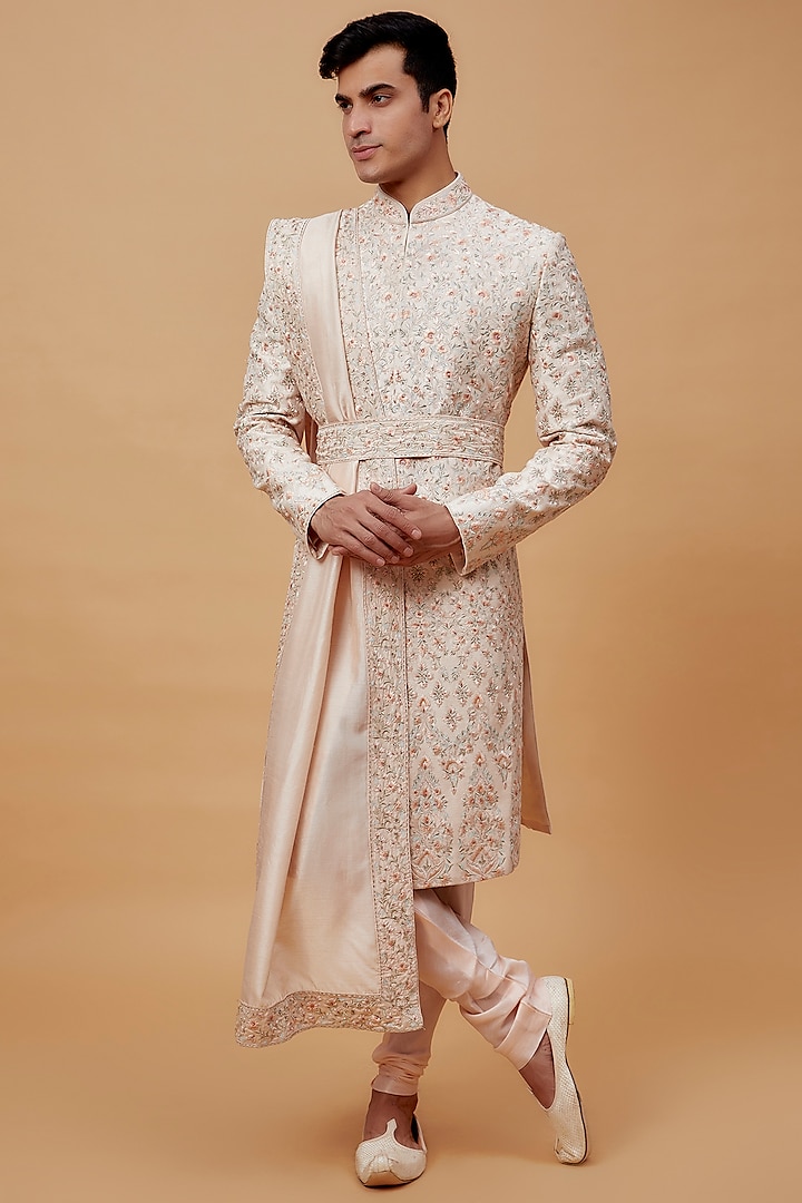 Peach Raw Silk Embroidered Sherwani Set by RIYAASAT
