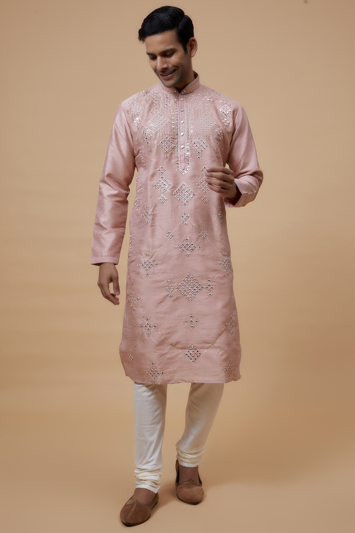 Onion Pink Silk Embroidered Kurta Set by RIYAASAT