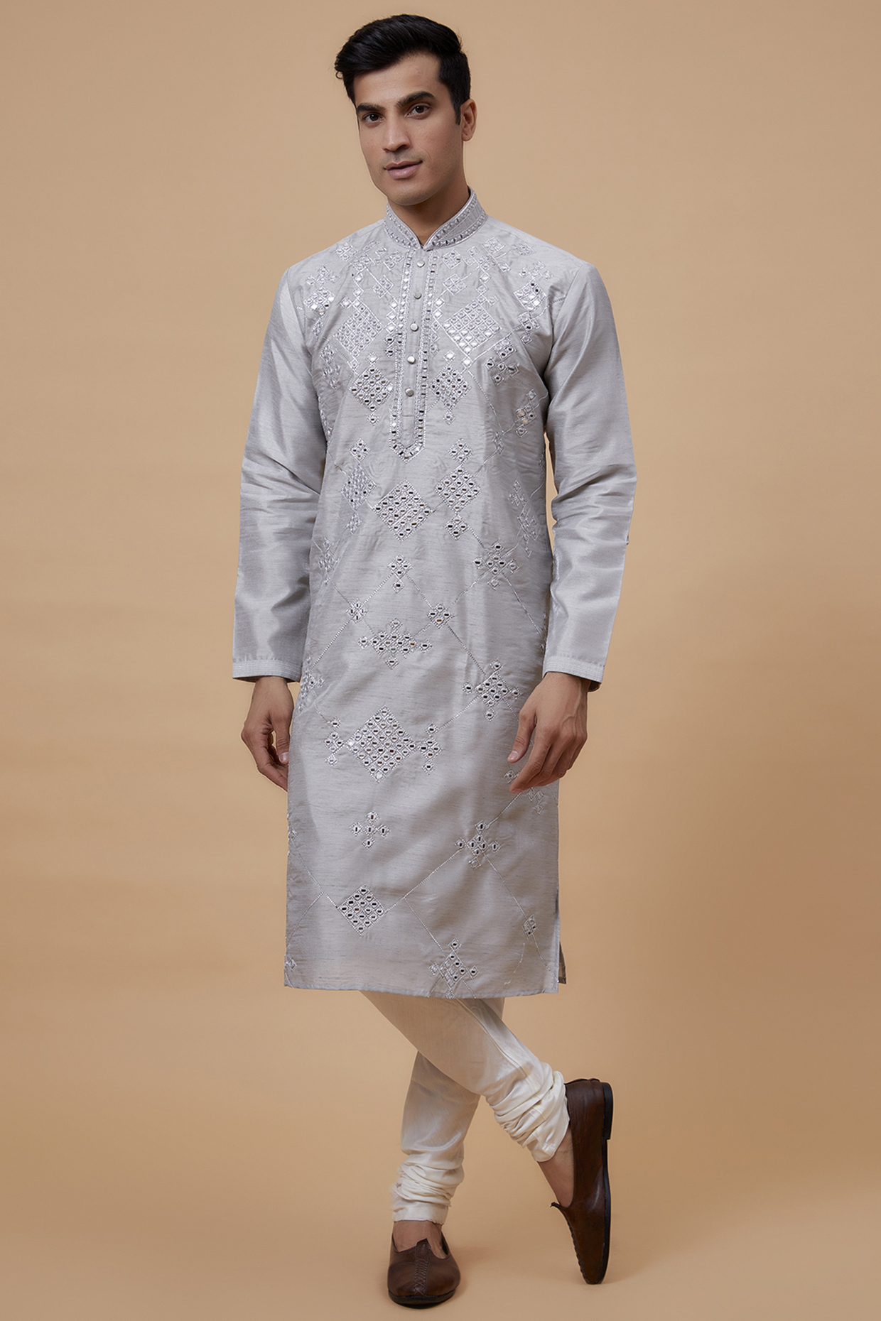 Light Grey Silk Embroidered Kurta Set by RIYAASAT