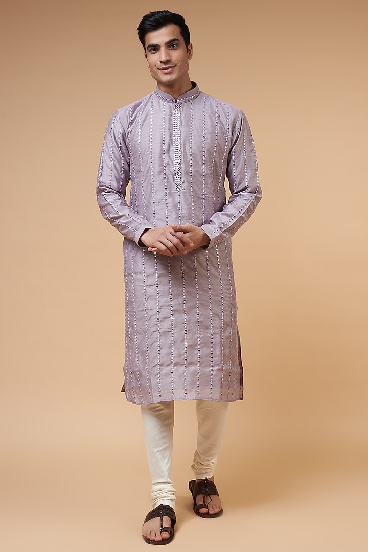 Purple Silk Mirror Embroidered Kurta Set by RIYAASAT at Pernia's Pop Up Shop