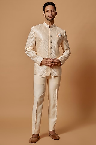 Cream Suiting Fabric Embroidered Jodhpuri Set by RIYAASAT