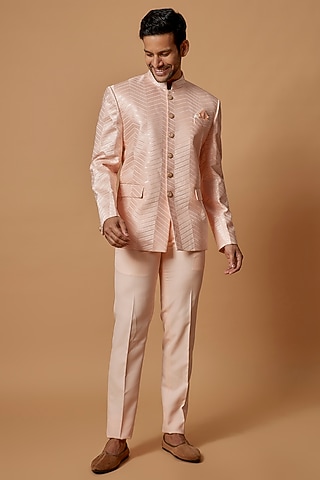 Peach Suiting Fabric Embroidered Jodhpuri Set by RIYAASAT