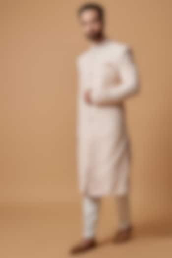 Peach Silk Lucknowi Wedding Sherwani Set by RIYAASAT at Pernia's Pop Up Shop