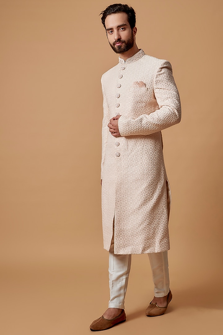 Peach Silk Lucknowi Wedding Sherwani Set by RIYAASAT at Pernia's Pop Up Shop
