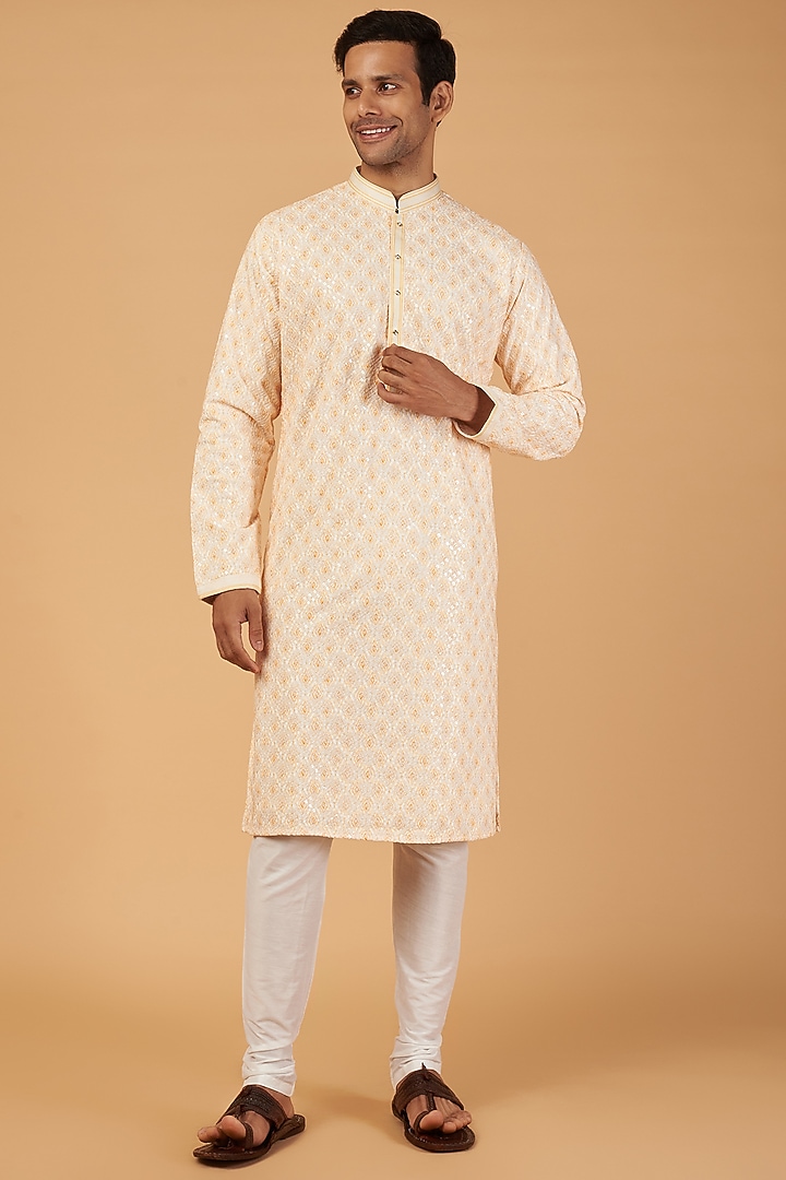 Men Peach Chikankari Kurta With Churidar