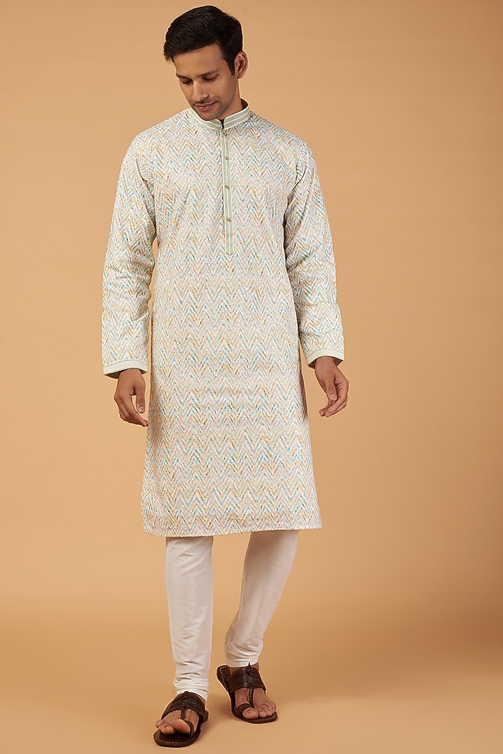 Men'S Sky Blue Chikankari Embroidered And Sequence Kurta Only