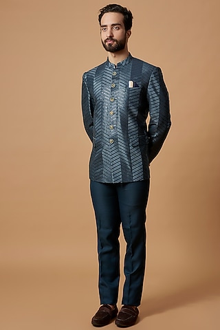 Grey Silk Embroidered Jodhpuri Set by RIYAASAT