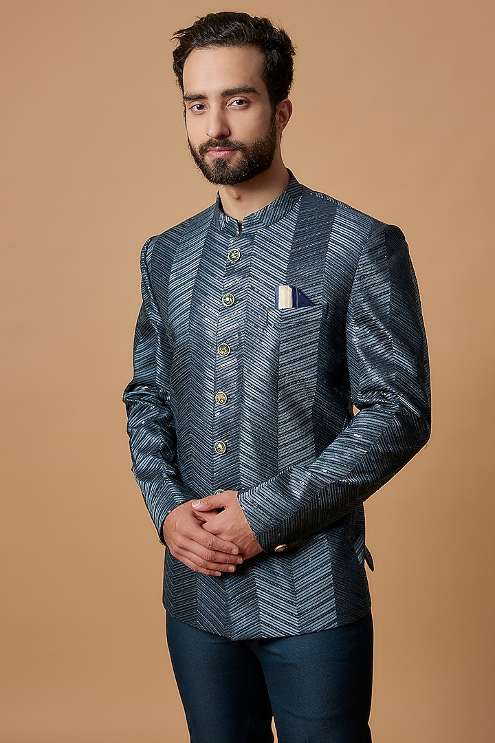 Grey Silk Embroidered Jodhpuri Set by RIYAASAT at Pernia's Pop Up Shop