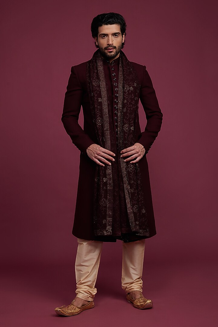 Maroon Suiting Fabric Embroidered Indo Western Set by RIYAASAT at Pernia's Pop Up Shop