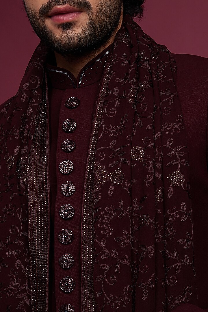 Maroon Suiting Fabric Embroidered Indo Western Set by RIYAASAT at Pernia's Pop Up Shop