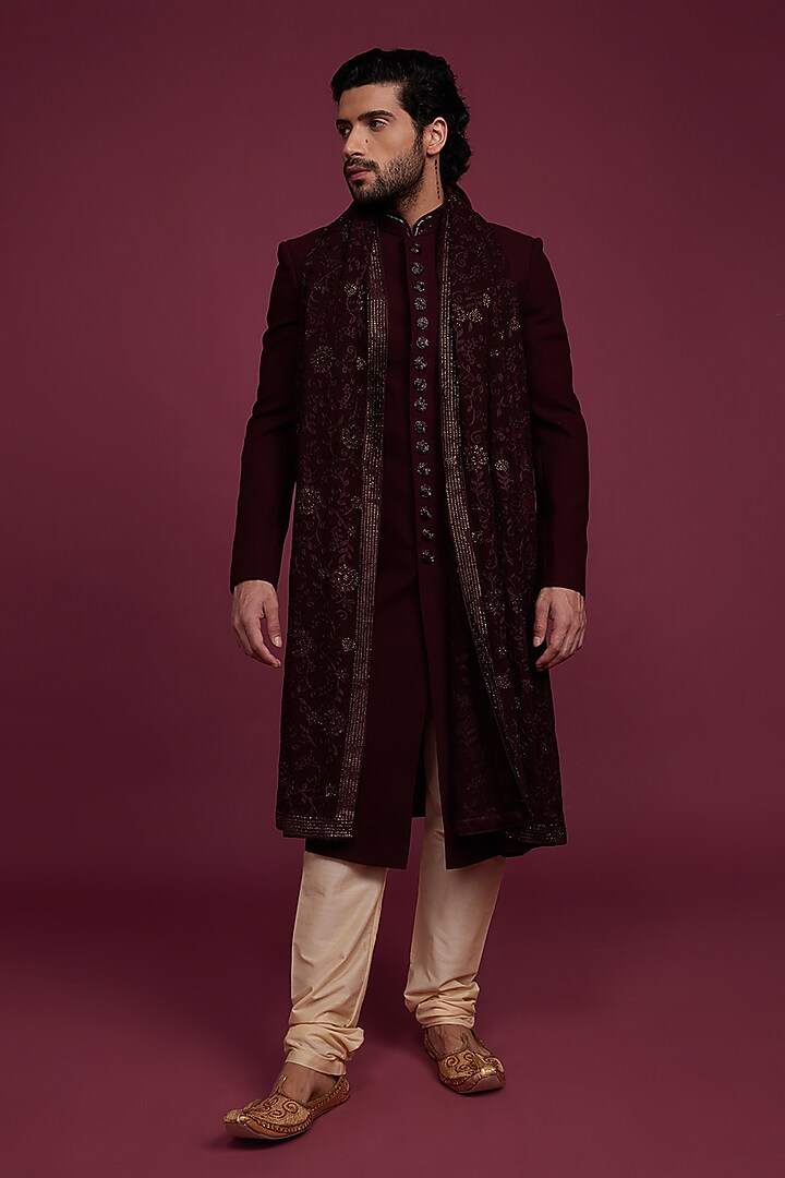 Maroon Suiting Fabric Embroidered Indo Western Set by RIYAASAT at Pernia's Pop Up Shop