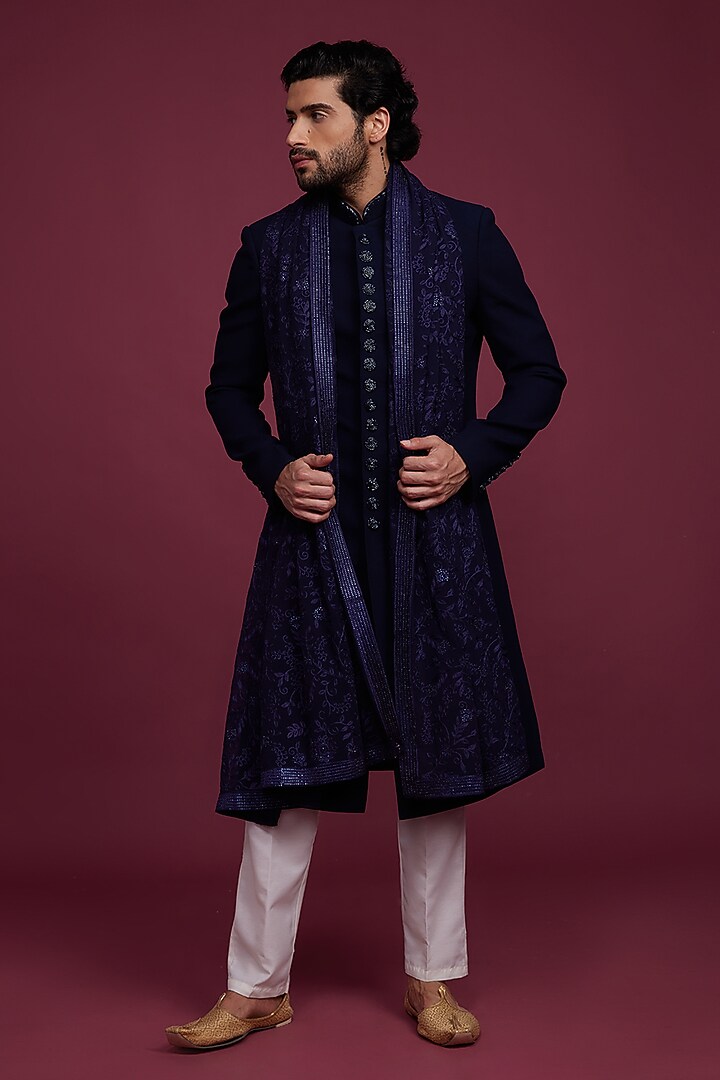 Blue Suiting Fabric Embroidered Indo Western Set by RIYAASAT at Pernia's Pop Up Shop