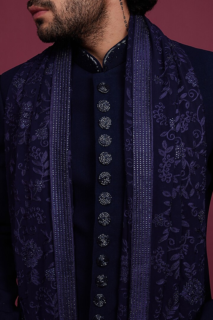 Blue Suiting Fabric Embroidered Indo Western Set by RIYAASAT at Pernia's Pop Up Shop