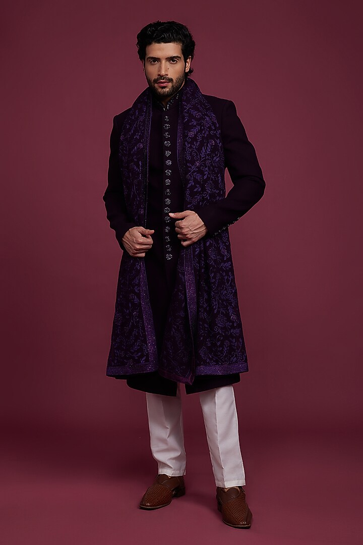 Purple Suiting Fabric Embroidered Indo Western Set by RIYAASAT at Pernia's Pop Up Shop