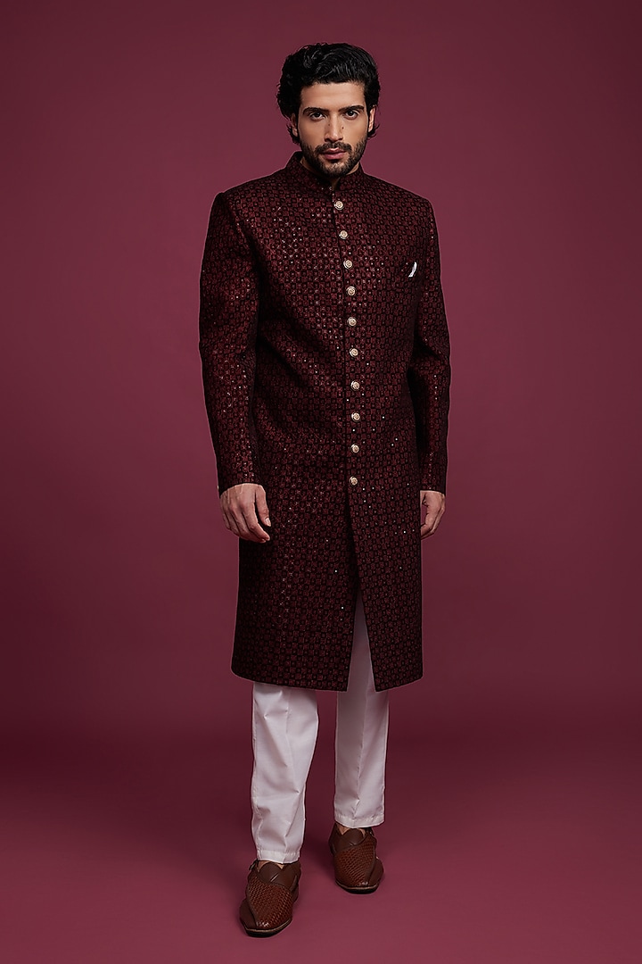 Maroon Velvet Sherwani Set by RIYAASAT