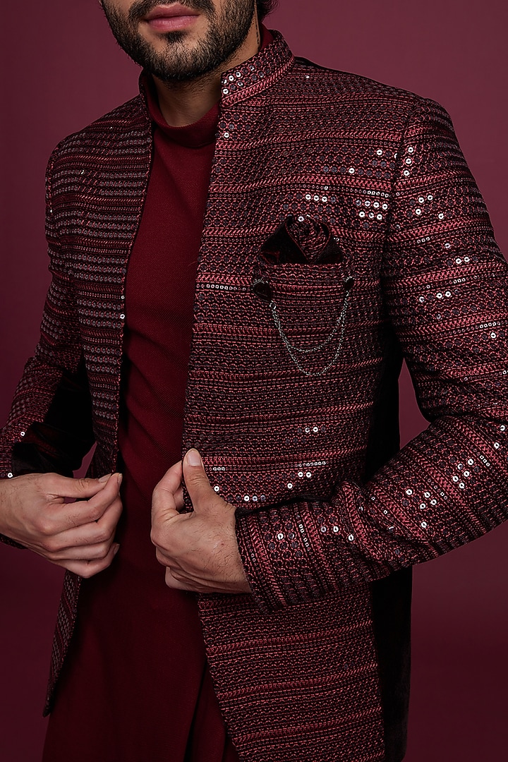 Maroon Velvet Jodhpuri Set by RIYAASAT at Pernia's Pop Up Shop
